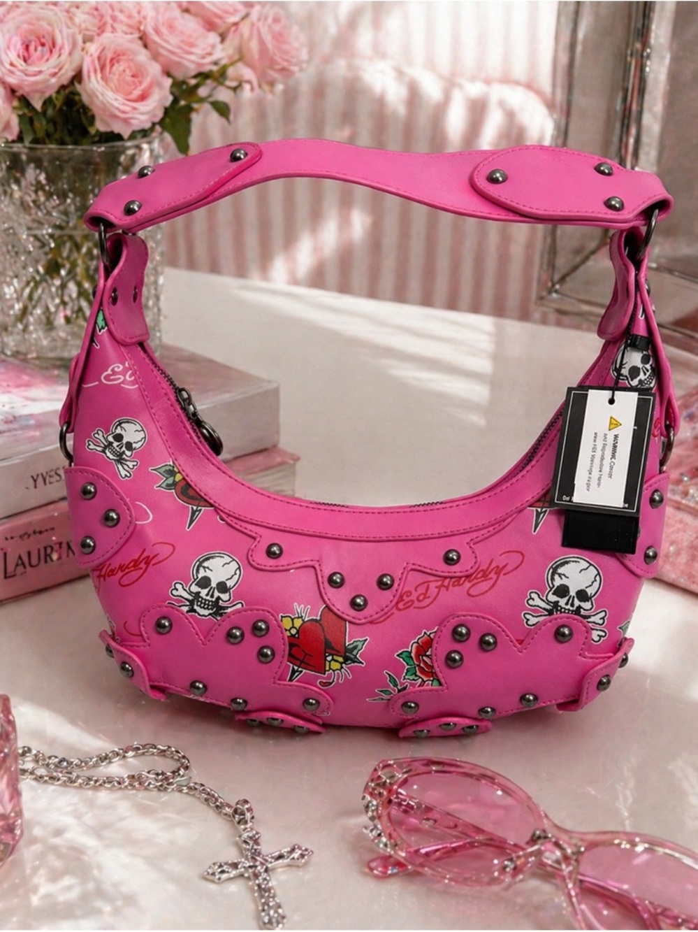 Ed Hardy Pink Skull Heart Shoulder Bag NWT Studded Y2K Purse